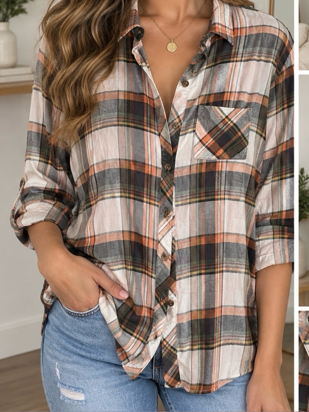 BONGO Plaid Button-Down Shirt in Peach and Gray, size Medium